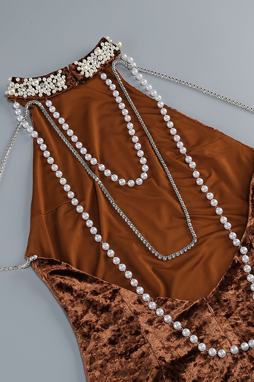 Backless Pearl Velvet Maxi Dress in Bronze