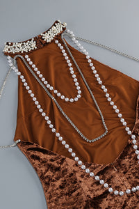 Backless Pearl Velvet Maxi Dress in Bronze