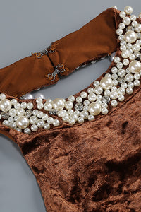 Backless Pearl Velvet Maxi Dress in Bronze