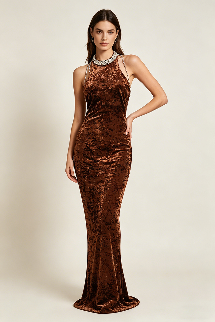 Backless Pearl Velvet Maxi Dress in Bronze