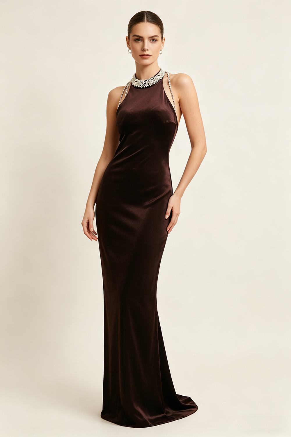 Backless Pearl Velvet Maxi Dress in Brown