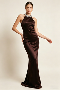 Backless Pearl Velvet Maxi Dress in Brown