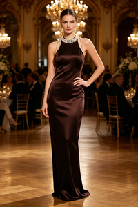 Backless Pearl Velvet Maxi Dress in Brown