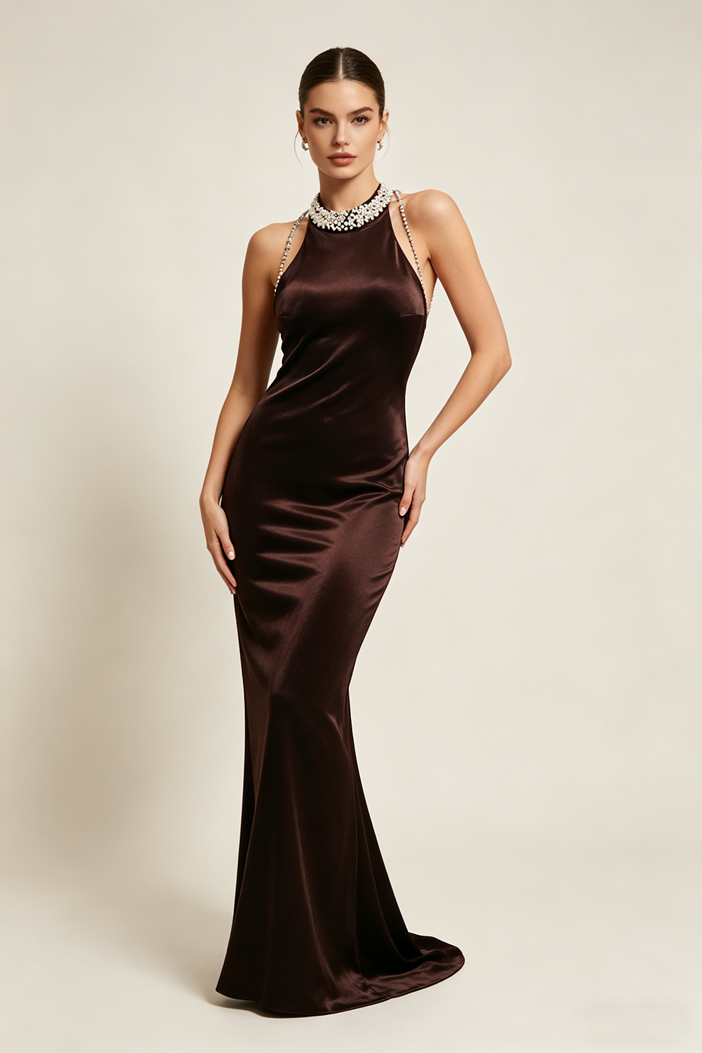 Backless Pearl Velvet Maxi Dress in Brown