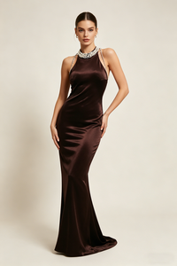 Backless Pearl Velvet Maxi Dress in Brown