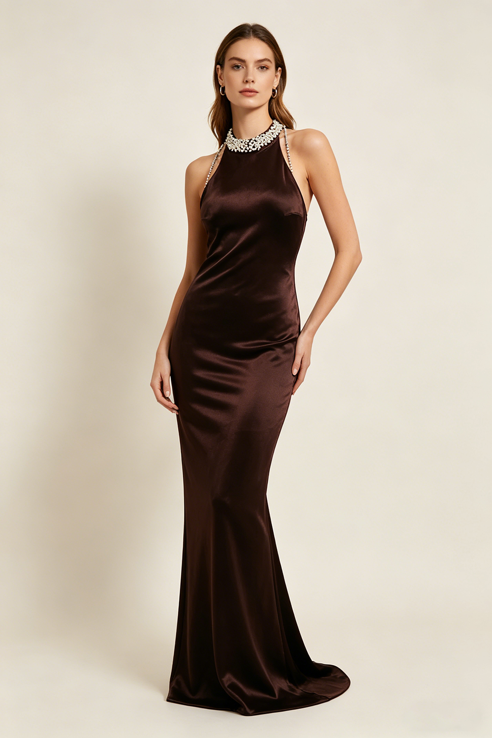 Backless Pearl Velvet Maxi Dress in Brown