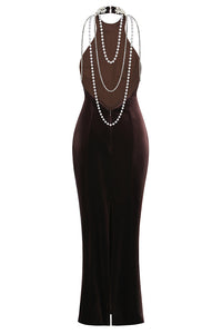 Backless Pearl Velvet Maxi Dress in Brown