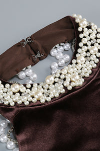 Backless Pearl Velvet Maxi Dress in Brown