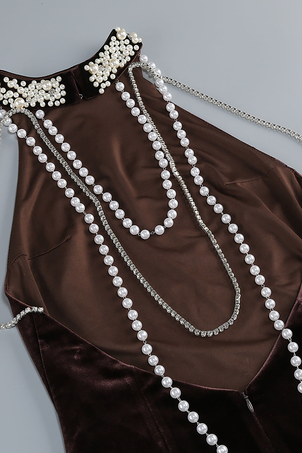 Backless Pearl Velvet Maxi Dress in Brown