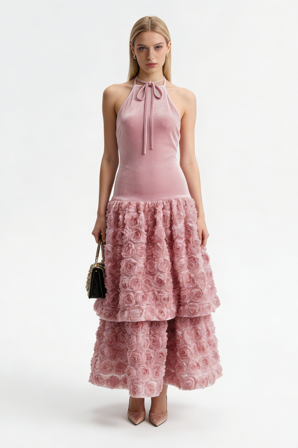 Backless Rose Applique Tulle Midi Dress