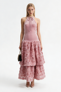 Backless Rose Applique Tulle Midi Dress