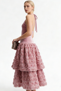 Backless Rose Applique Tulle Midi Dress