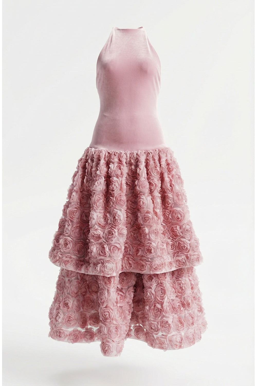 Backless Rose Applique Tulle Midi Dress