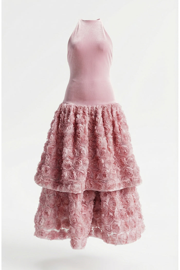 Backless Rose Applique Tulle Midi Dress