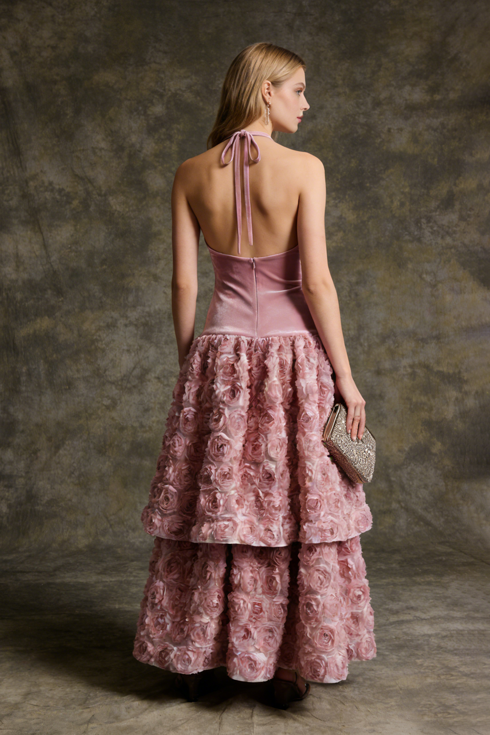 Backless Rose Applique Tulle Midi Dress