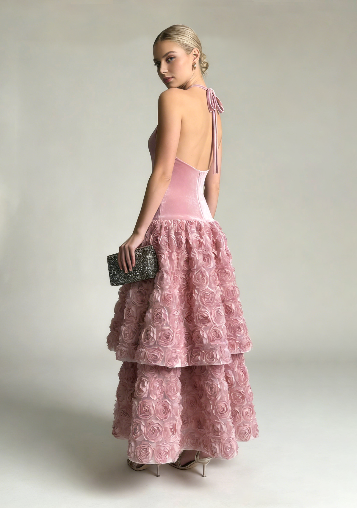 Backless Rose Applique Tulle Midi Dress