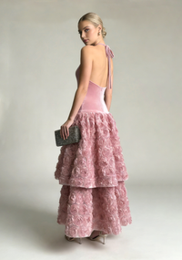 Backless Rose Applique Tulle Midi Dress
