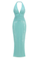 Backless Ruched Sequin Gown in Green