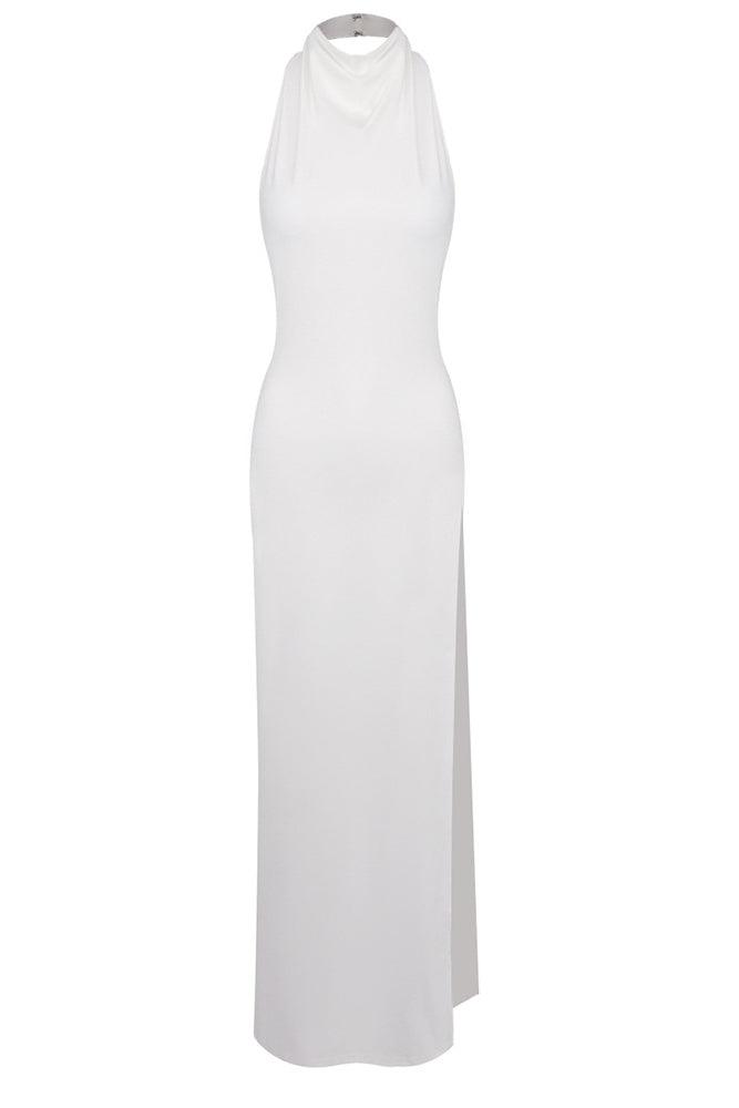 Backless Tail Slit Halter Maxi Dress