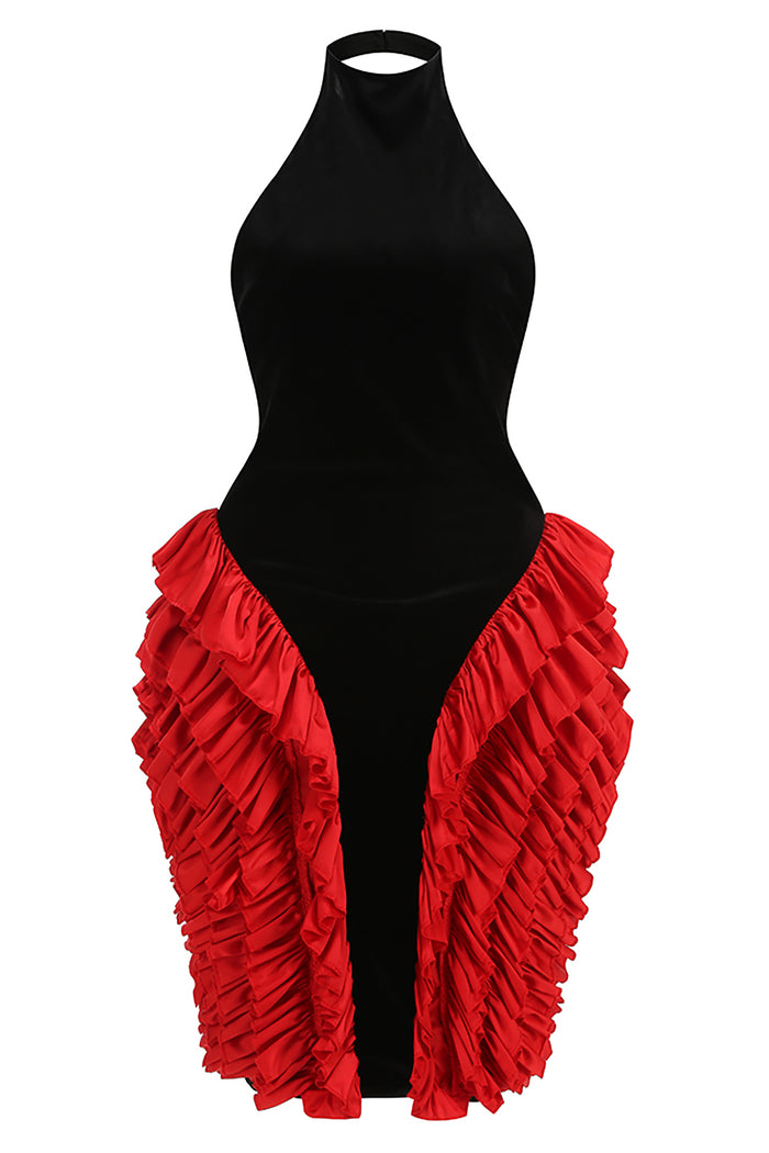 Backless Velvet Ruffled-Trim Midi Dress