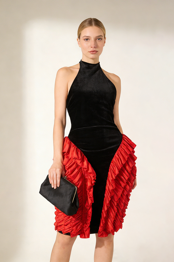 Backless Velvet Ruffled-Trim Midi Dress