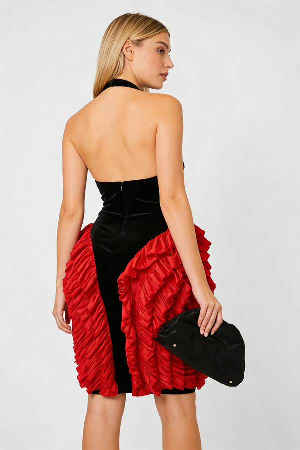 Backless Velvet Ruffled-Trim Midi Dress