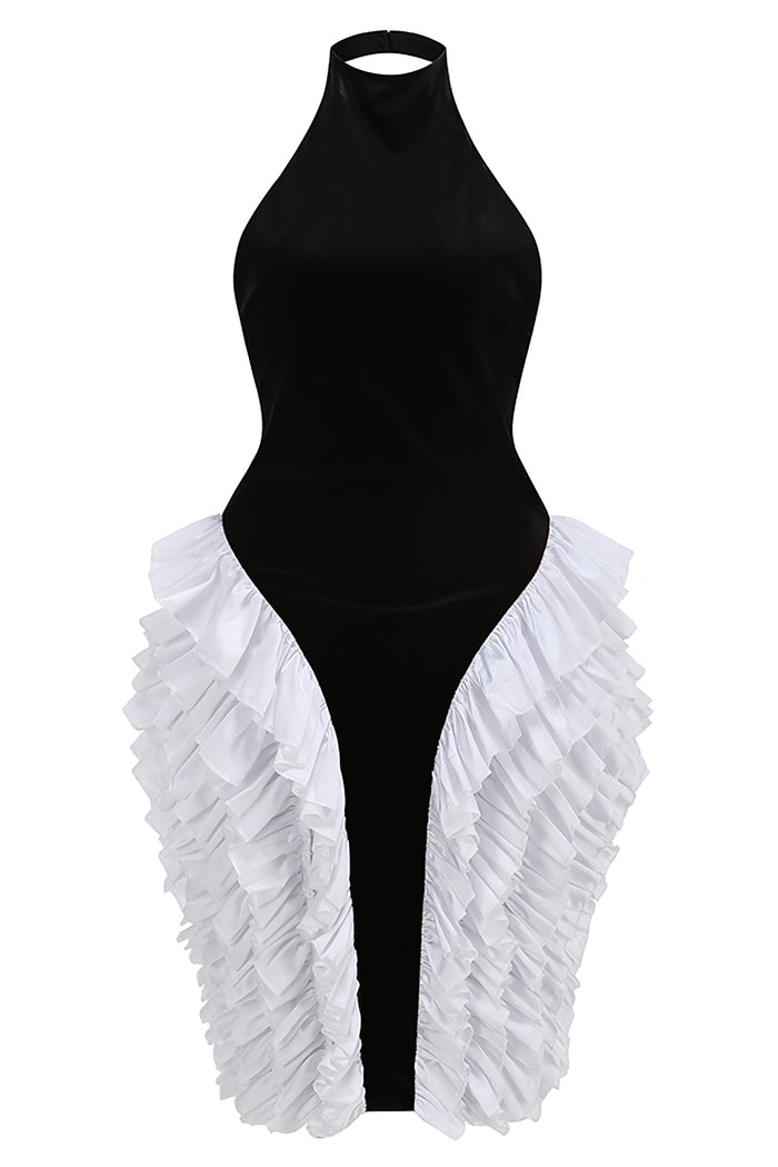 Backless Velvet Ruffled-Trim Midi Dress in Black White