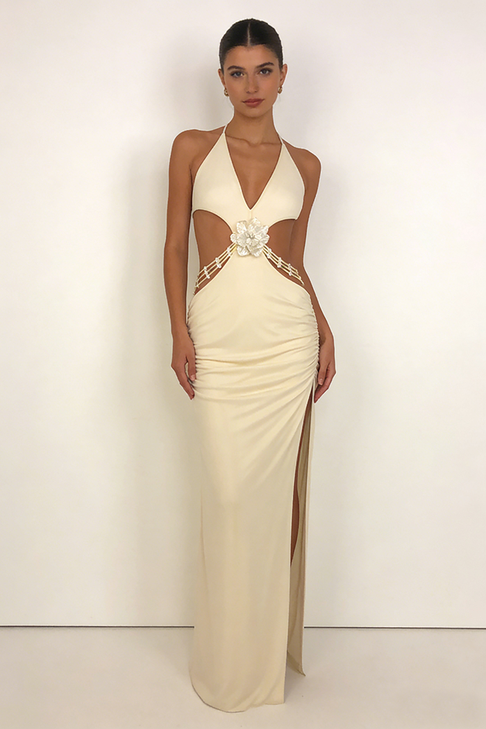 Backless Floral Crystal Maxi Dress