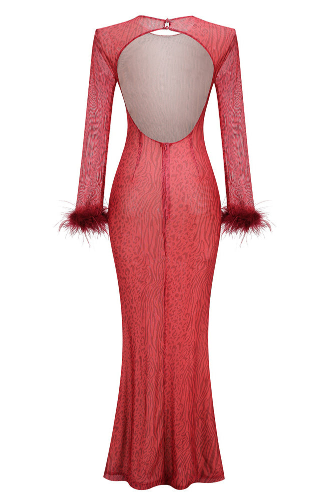 my good side leopard mesh maxi dress in burgundy Cicada Burgundy Backless Leopard Burnout Mesh Maxi Dress (As Worn by Ayesha Curry)