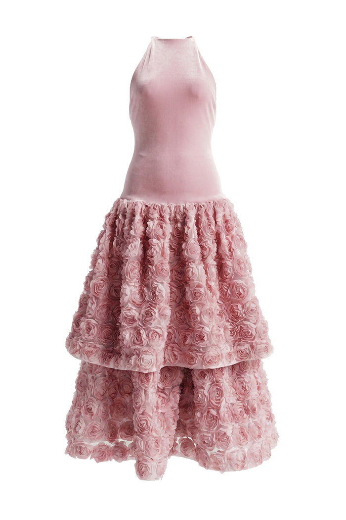 Backless Rose Applique Tulle Midi Dress