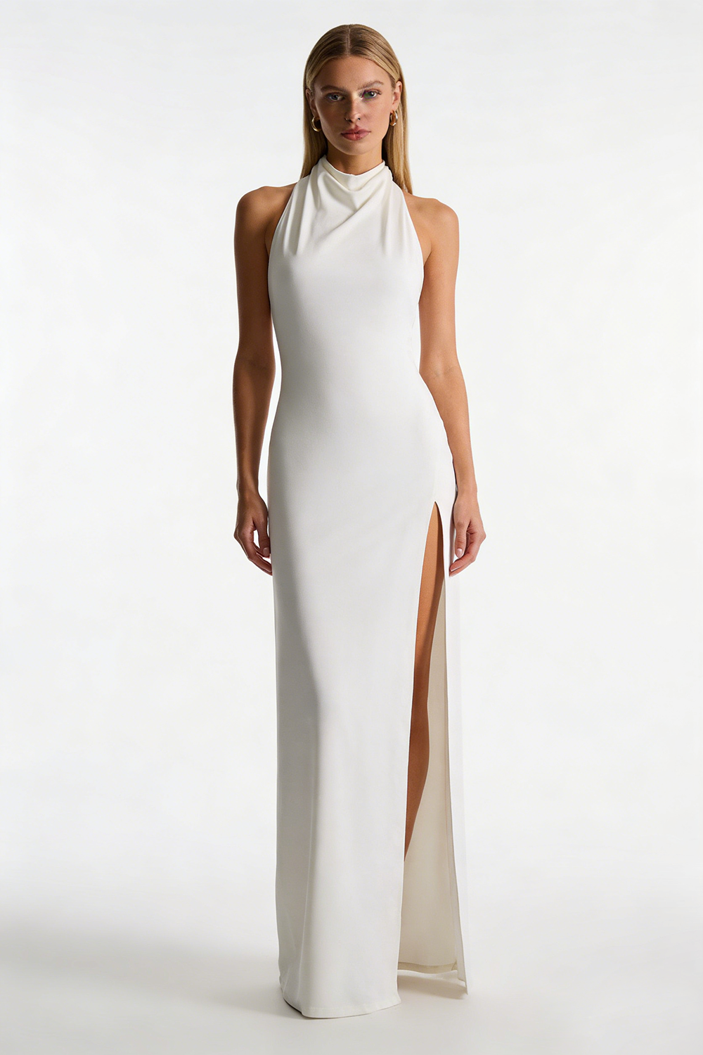 Backless Tail Slit Halter Maxi Dress