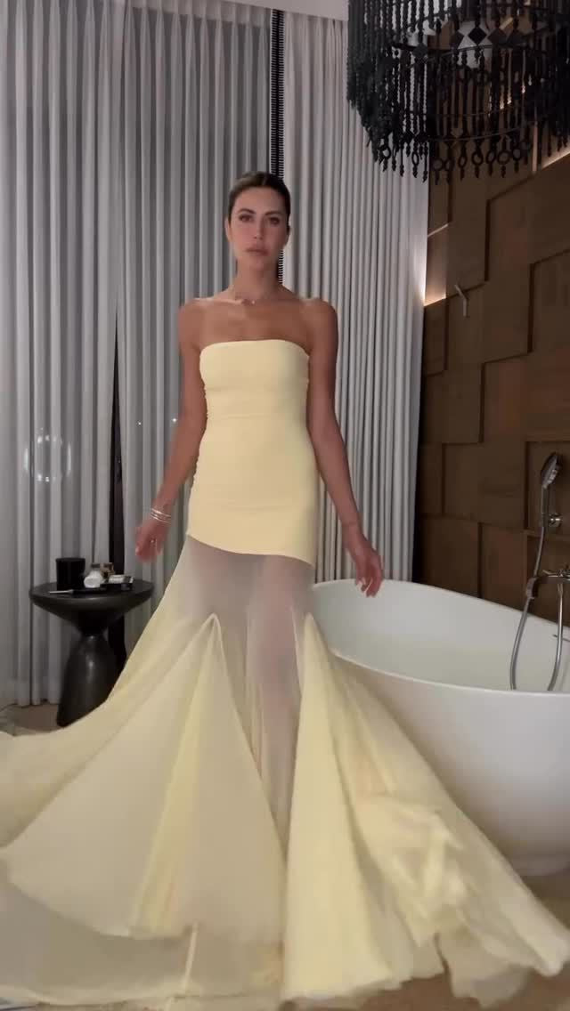 Bandeau Neck Flared Mesh Gown