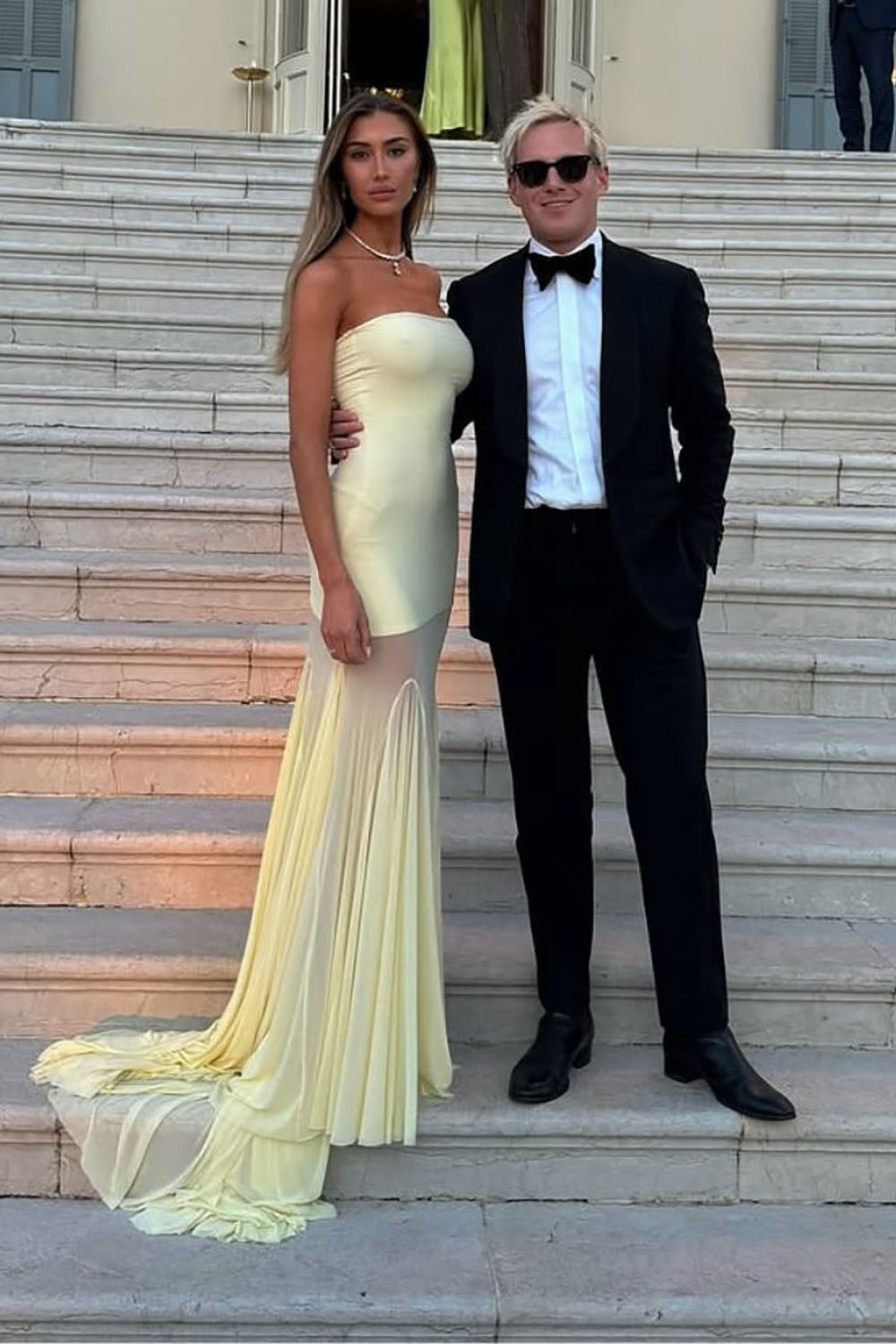 Bandeau Neck Flared Mesh Gown