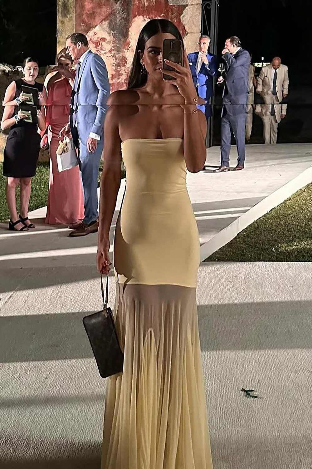 Bandeau Neck Flared Mesh Gown