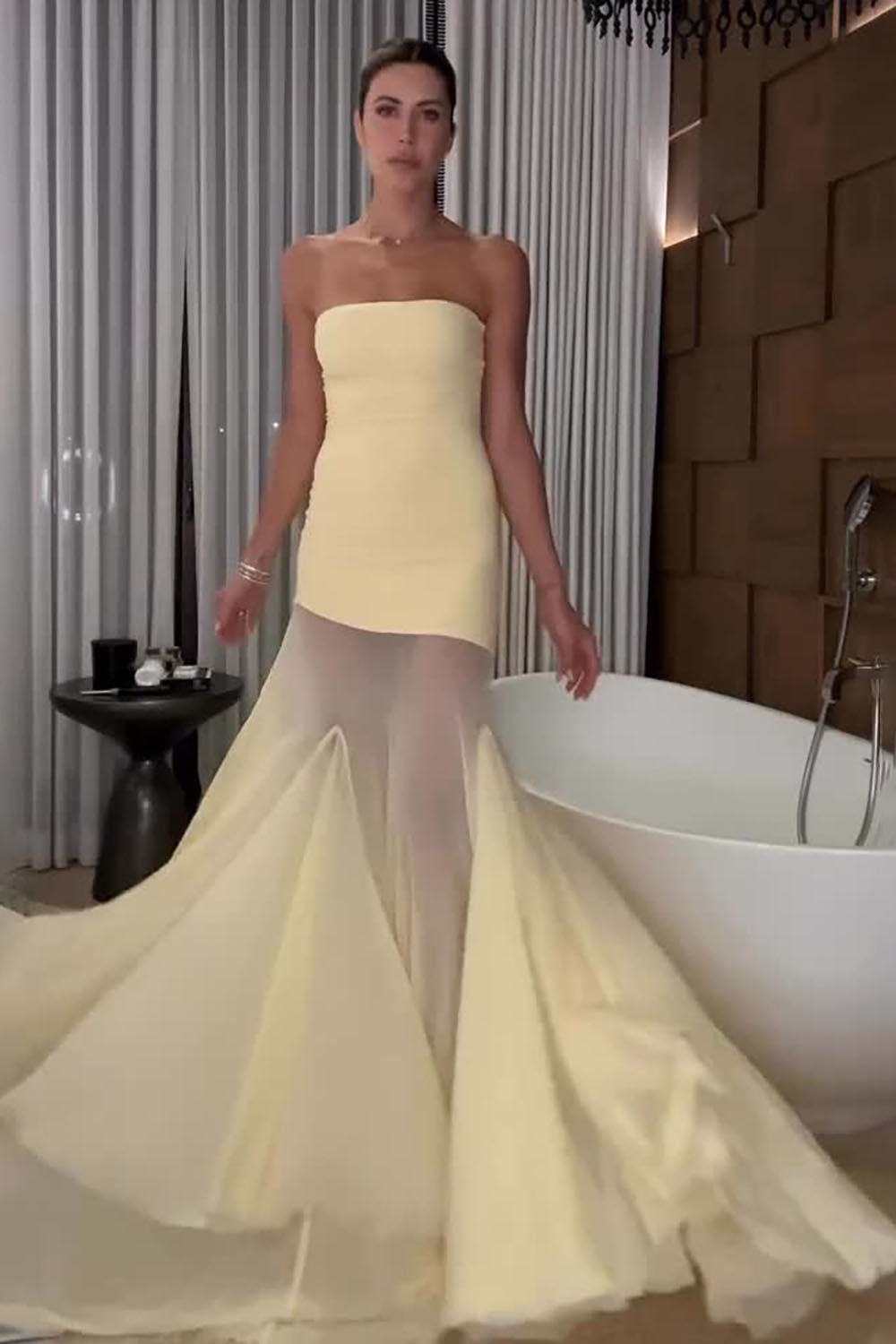 Bandeau Neck Flared Mesh Gown