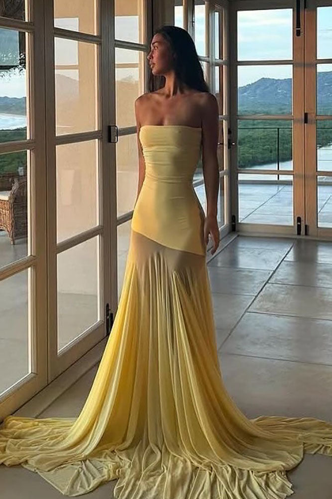 Bandeau Neck Flared Mesh Gown