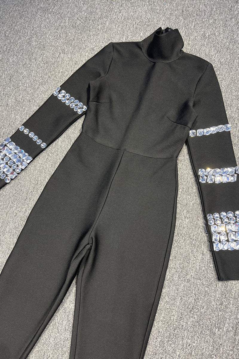 Black Crystal embellished Bandage Turtleneck Jumpsuit