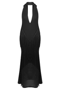 Black Deep-V Halter-Neck Fringe Gown