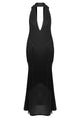Black Deep-V Halter-Neck Fringe Gown