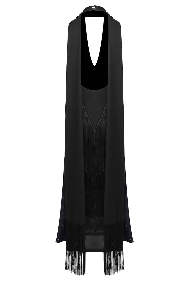 Black Deep-V Halter-Neck Fringe Gown