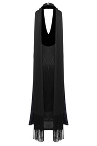 Black Deep-V Halter-Neck Fringe Gown
