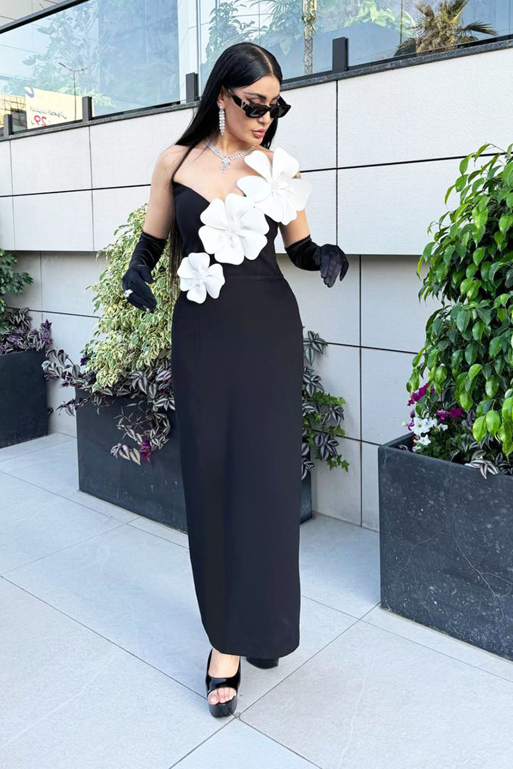 Black Flower Crystal Bandage Maxi Dress