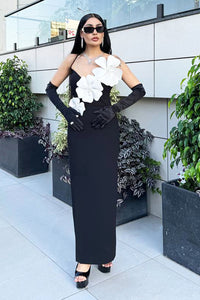 Black Flower Crystal Bandage Maxi Dress