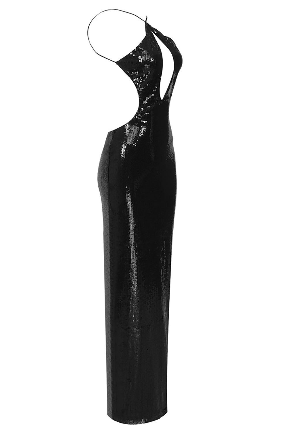 Vestido negro con cuello halter y lentejuelas y abertura en el pecho