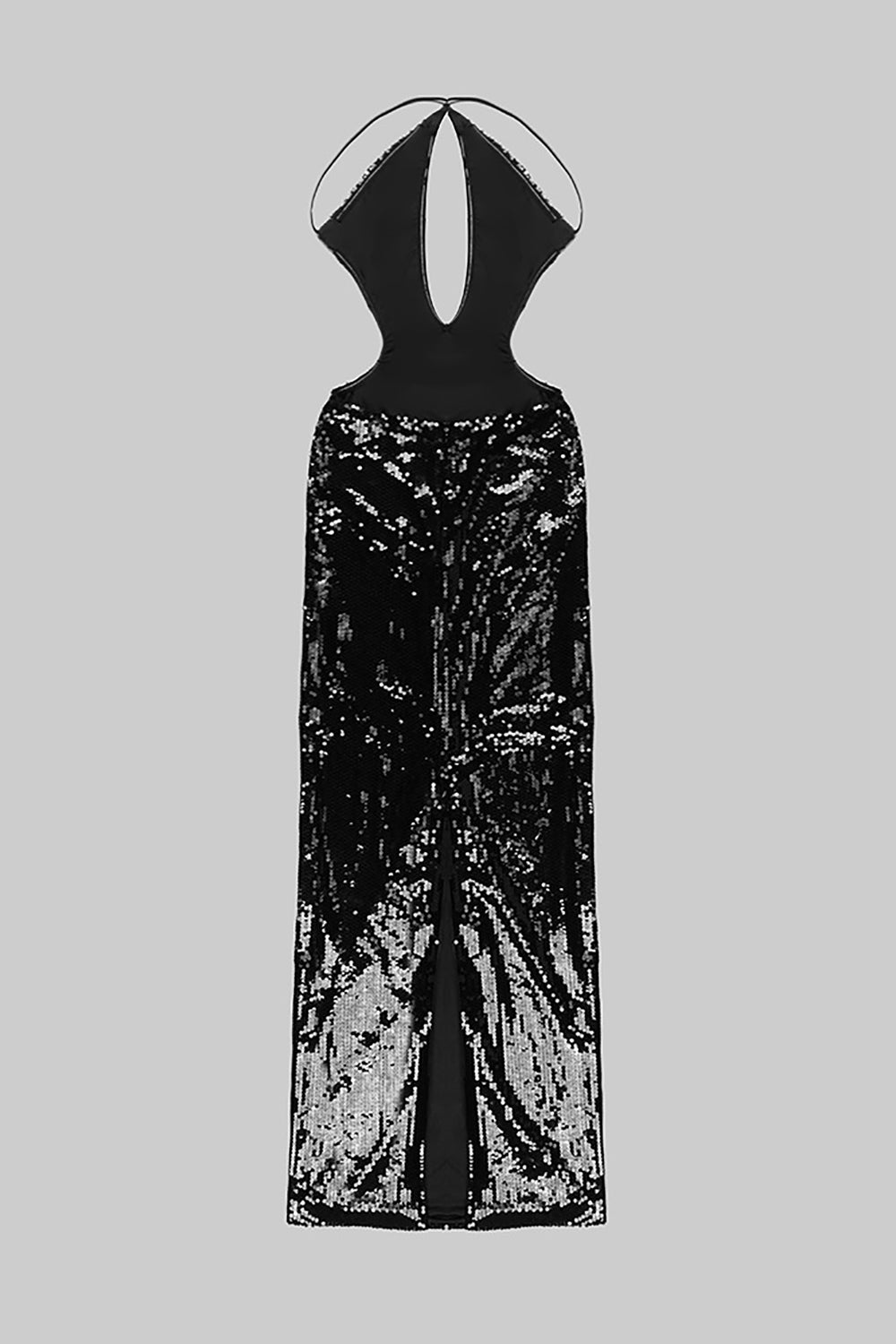 Robe noire dos nu pailletée avec trou de serrure sur la poitrine