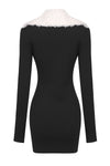 Black Ribbed Zipped Dress With Accent Collar