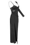 Black Single Sleeve Satin Cotton Mesh Long Gowns