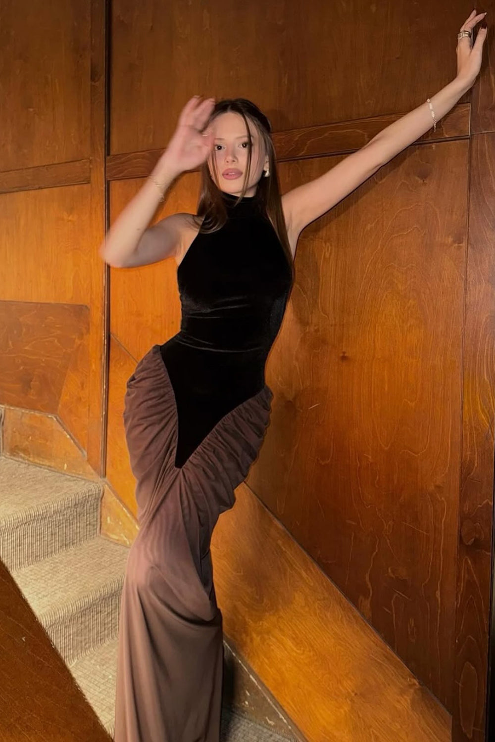 Black Velvet and Brown Tulle Draped Dress With Gloves CHICIDA Black Velvet and Brown Tulle Draped Dress With Gloves CHICIDA