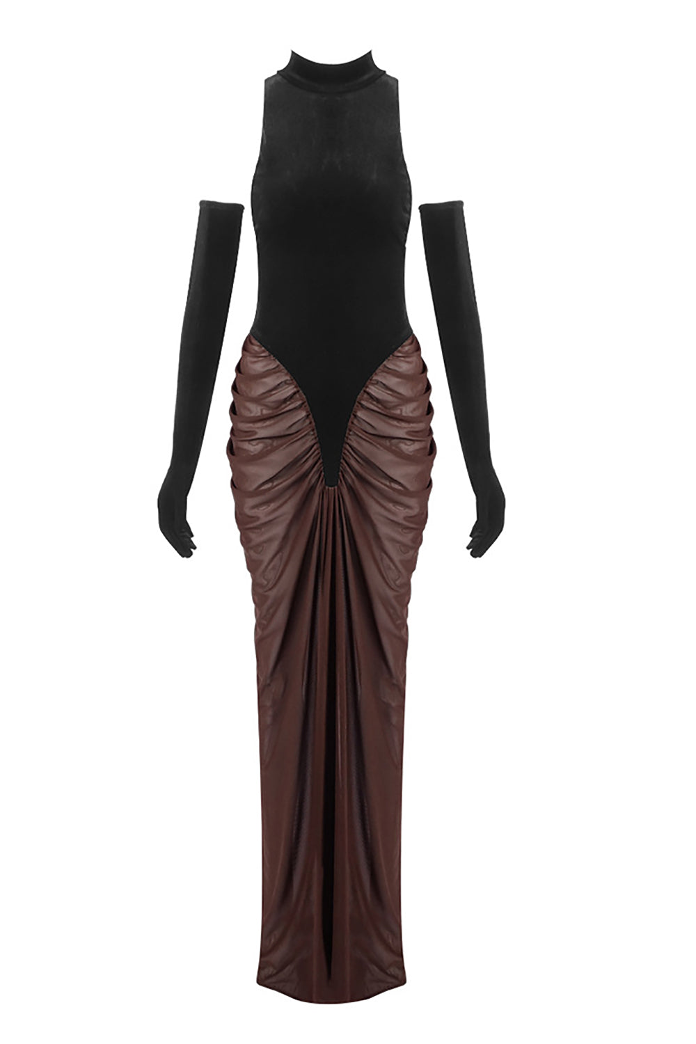 Black Velvet and Brown Tulle Draped Dress With Gloves CHICIDA Black Velvet and Brown Tulle Draped Dress With Gloves CHICIDA