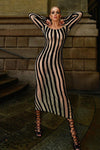 Boat Neck Striped Mid Length Mesh Gown